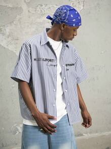 Aesthetic Post--Street Casual Distressed Numeral Slogan Striped Print Boxy Cropped Shirt Men's Cropped Tops, Men Cropped Graphic Shirt, Striped Cropped Shirt - Multicolor - View 6