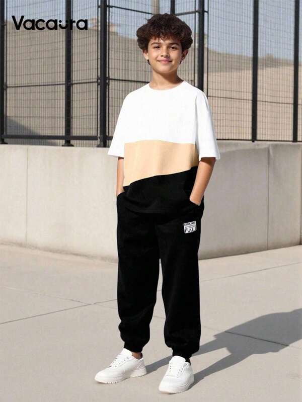 2pcs Boys' Spring/Summer Fashion Crew Neck Color Block Casual T-Shirt Matched With Pockets Letter Print Drawstring Pants Outfit