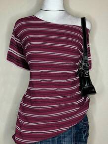 SHEIN 大码女式数码条纹不对称肩大码T恤 - 彩色 - 查看 2