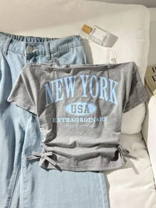 SHEIN 青少年女孩休闲街头风格露肩短袖侧褶纽约口号印花修身针织 T 恤，麻灰色 - 灰色 - 查看 1