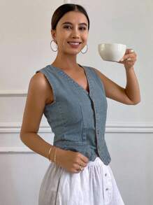 DAZY Blusa vaquera casual de cuello en V para mujer, otoño