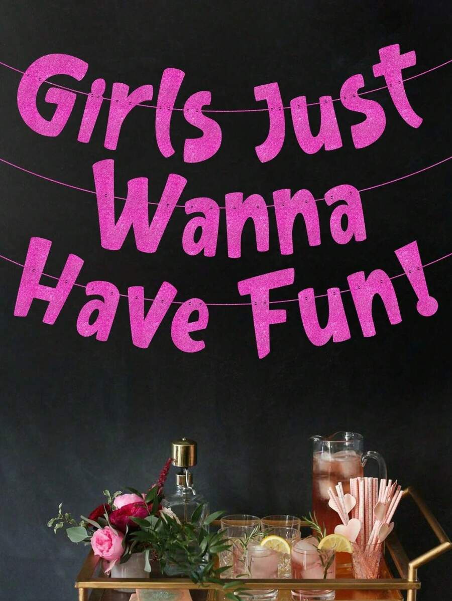 Neon-rosa Glitzer-Banner - "Einfach Spaß haben wollen" - Junggesellinnenabschied - Geburtstag - Übernachtungsparty - Pyjama-Party - Nachtausflug Dekorationen, Zubehör, Gastgeschenke und Geschenke
