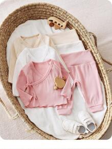 SHEIN 6pcs Newborn Solid Color Long Sleeve Top And Pants Set, Fashionable For Summer Fall Winter