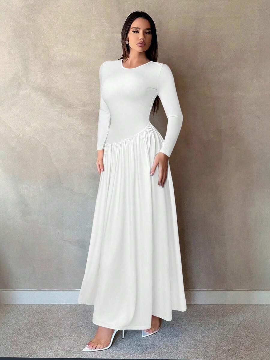 SHEIN Tall فستان كاجوال صيفي بأكمام طويلة مزين بلمسات مختلفة الألوان وياقة مستديرة وأكمام راجلان - أبيض - مشاهدة 1