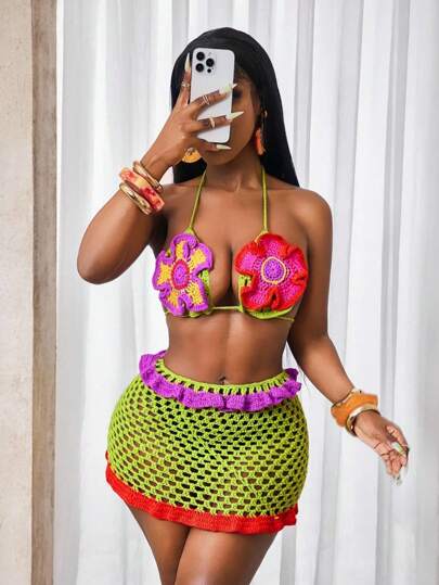 BamGleam 女士毛衣两件套针织上衣无袖彩色花朵系带吊带女式迷你裙彩色蕾丝春夏季度假沙滩派对，钩针