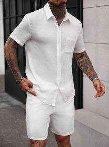 Manfinity CasualCool Bộ đồ nam gồm áo sơ mi ngắn tay và quần short đơn sắc tối giản hàng ngày, bộ đồ vải lanh trắng hai mảnh cho nam, bộ đồ nam hai mảnh mùa hè, bộ đồ quần short trắng hai mảnh cho nam - trắng - Xem 6