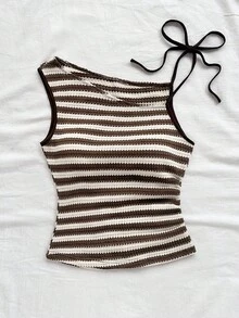 Soleia 女式度假红白条纹针织不对称领口修身上衣，适合派对、圣诞节、约会、海滩、巡游、狂欢节、夏季条纹背心针织背心夏季针织上衣女式夏季上衣女式针织上衣 - 彩色 - 查看 6