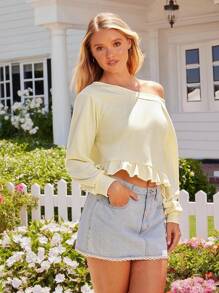 WESTFADE 奶油黄色水洗法式毛圈布不对称领口蝴蝶结刺绣袖口荷叶边下摆短款运动衫秋季乡村音乐会 - 黃色 - 查看 4