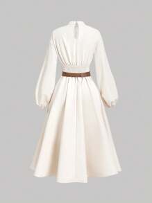 SHEIN MOD Women's Off-White Lantern Sleeve Mid-Length Dress With Belt,Elegant Autumn Tea Party Fall Dress,Halloween Clothes,Office Outfits,Western Wear,Winter - Apricot - View 3