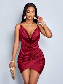 SOLERSUN Elegant Solid Color Draped Collar Backless Ruched Satin Party Bodycon Short Dress - Burgundy - View 3