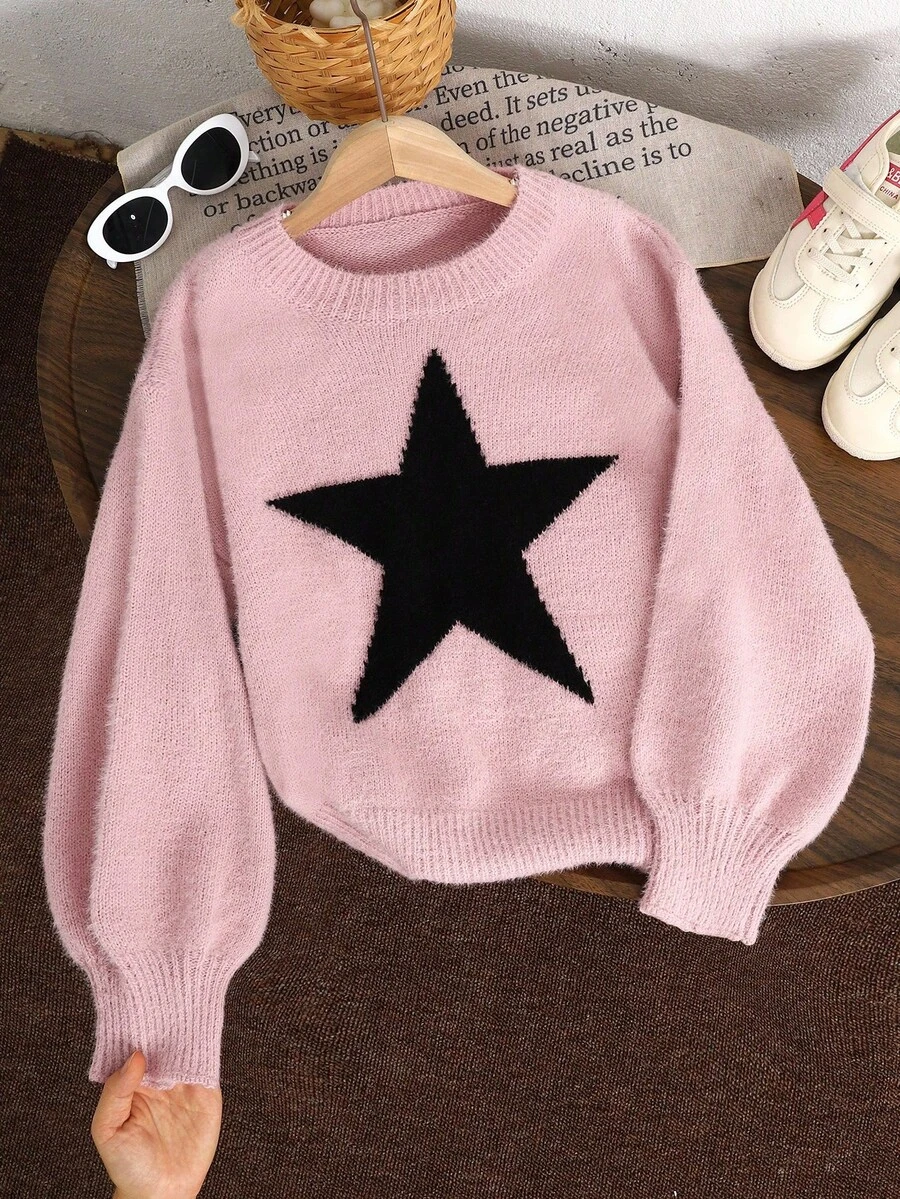 Tween Girl Star Pattern Round Neck Drop Shoulder Sweater,Pink And Black,Autumn,Casual,School,Back-To-School Fall/Winter Pink Sweater For Girls Tweens - Dusty Pink - View 1