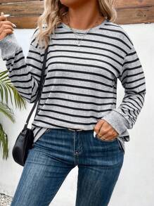 INAWLY Áo thun dài tay cổ tròn kẻ sọc dáng rộng, kiểu dáng thường ngày, thích hợp cho nữ, phù hợp mùa xuân và thu. - Xám - Xem 5