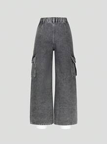 SHEIN 青少年女孩 Y2K 风格牛仔裤，新品上市，灰色水洗牛仔布工装口袋设计，时尚休闲日常百搭，松紧腰带拉链开合，青少年女孩牛仔裤 - 灰色 - 查看 2