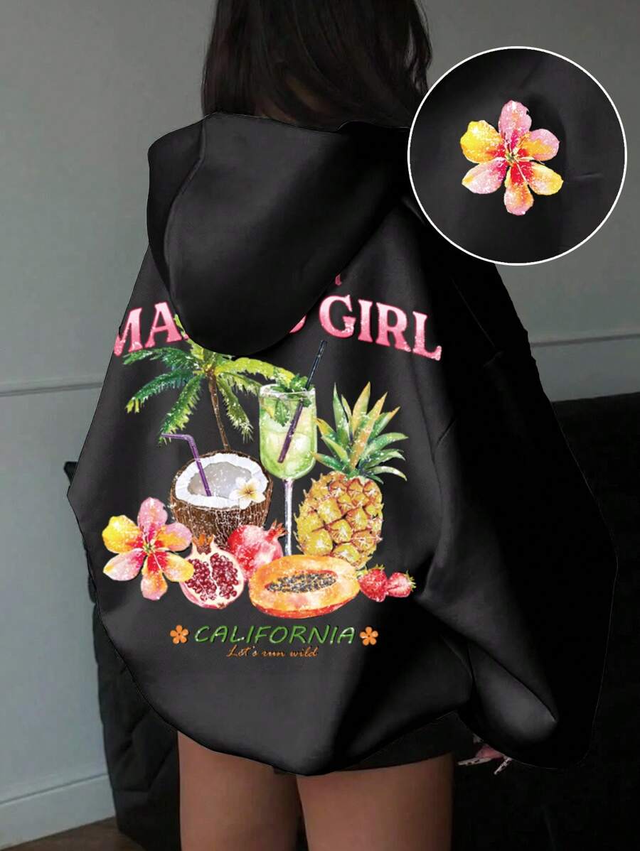 SHEIN EZwear 休闲简约热带水果印花连帽宽松厚款卫衣,适合春秋冬女士 - 黑色 - 查看 1