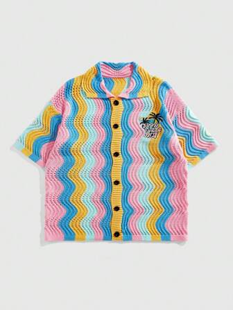 Street Life Suéter de punto con bordado de letra y patrón de ola colorido para hombre