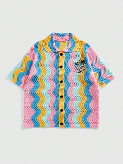 Street Life Suéter de punto con bordado de letra y patrón de ola colorido para hombre