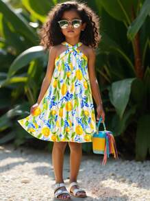 年轻女孩日常休闲热带花卉印花无袖连衣裙，春夏新品 - 黃色 - 查看 1