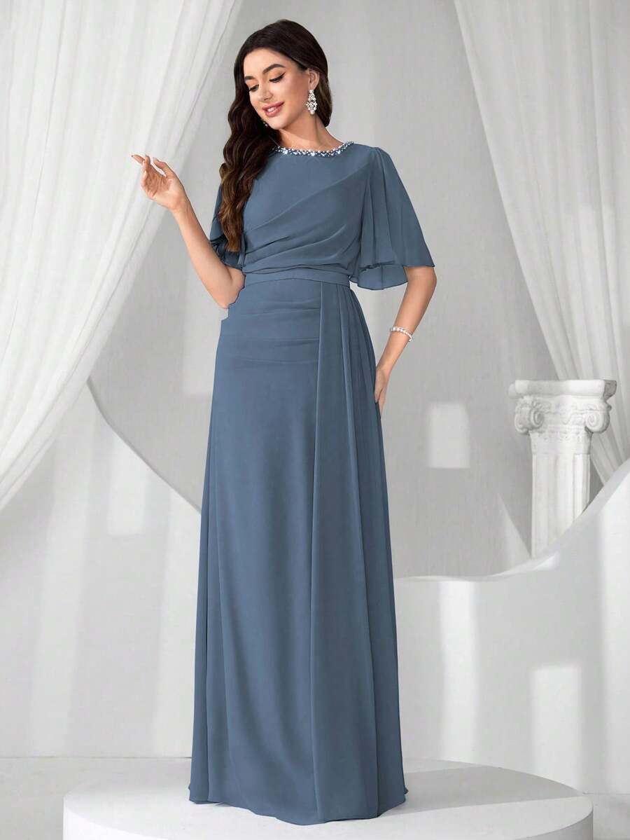 Coutiva Luxury Evening Gown, Ballroom Dress With Faux Pearl Collar, High-End Elegant Lady Chic Exquisite Dress - Dusty Blue - View 1