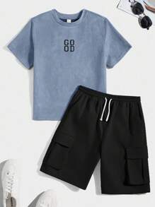 SHEIN Dusty Blue Tween Boys Round Neck Tee And Shorts Set For Everyday Casual Style - Dusty Blue - View 3