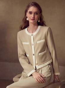 MOTF PREMIUM CONTRAST BINDING SINGLE BREASTED PLACKET JACKET - Khaki - View 4