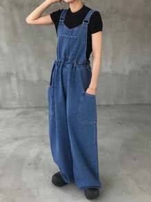 FRIFUL Quần yếm denim ống rộng, dáng rộng, có túi hai bên, có dây rút ở eo dành cho nữ - Màu xanh lam - Xem 5