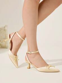 CUCCOO CHICEST 女士尖头缎带蝴蝶结细高跟中跟鞋，舒适浪漫优雅甜美浅粉色正装鞋，适合约会、下午茶、办公室、花园派对 - 香檳色 - 查看 5