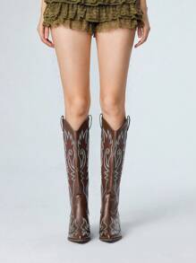 ROMWE Fairycore 2025春秋新款自然风棕色刺绣西部靴，户外时尚真皮过膝靴 - 咖啡棕 - 查看 2