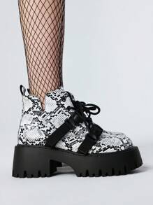 ROMWE Goth Women's Platform Lace-Up Short Boots Black Wedge Heel Boots Punk Dark Snakeskin Pattern Boots, Halloween