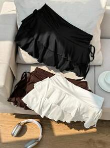 Attitoon 3 件套女士休闲简约褶皱腰 A 字裙，黑色、白色、棕色，适合音乐会、游轮、俱乐部，适合外出 - 彩色 - 查看 2