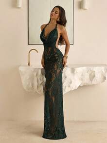 Vowa Elegant, Romantic, Fashionable, Sexy, Dark Green, Lace Fabric, Halter Neck, Swing Collar, Backless, See-Through, Maxi Dress, Suitable For Nightclubs, Parties, Vacations, Cocktail Parties, Afternoon Tea Wear, Cocktail Dresses, Valentine's Day - Green - View 6
