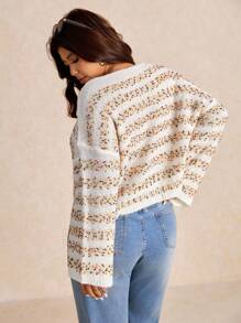 Elaquor Plus Size Striped Embroidered Floral Mixed Yarn Casual Loose Knit Pullover Sweater For Women Autumn Winter Clothes For Women Fall/Winter - White - View 4