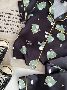 SHEIN 女童卡通恐龙仿丝短袖睡衣套装 - 黑色 - 查看 4