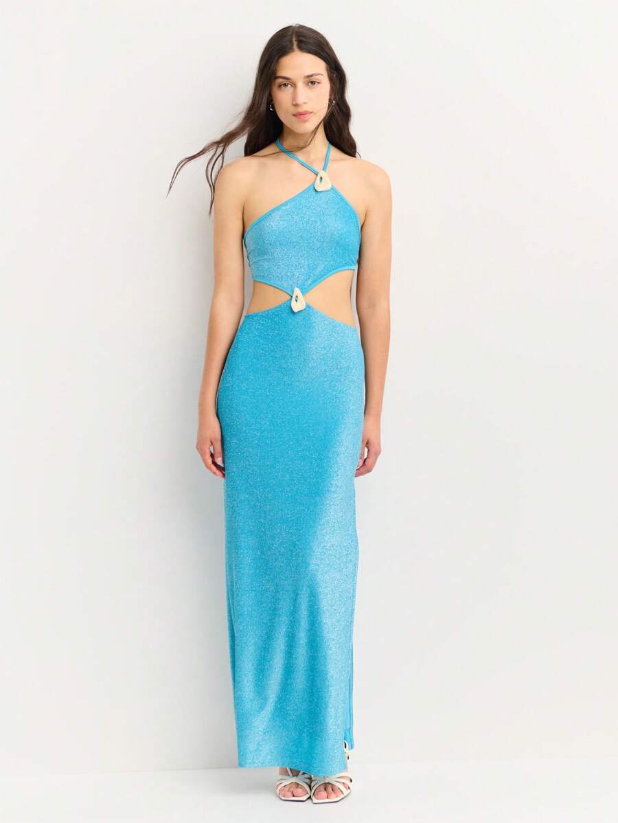 Nöista Cut-Out Halter Maxi Dress With Asymmetrical Neckline And Shimmer Lurex Knit Fabric. Statement Shell Rings Add Flair-Perfect For 4th Of July Beach Parties Or Summer Festival Nights. - Royal Blue - View 1