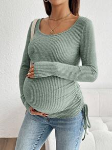 SHEIN Maternity Casual Solid Color Ribbed Drawstring Ruched Fitted T-Shirt
