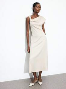 Maija 女士优雅纯色不对称领口连衣裙，夏季 - 卡其色 - 查看 5