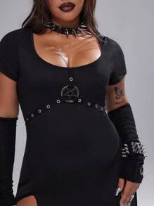Whyspr Plus Size Women's Black Five-Pointed Star Decor Solid Elegant Off Shoulder Simple Casual Dress , Halloween - Black - View 6