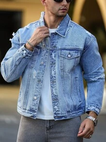 Manfinity Homme 男士休闲破洞修身蓝色牛仔夹克，街头风格 - 中等水洗藍 - 查看 6