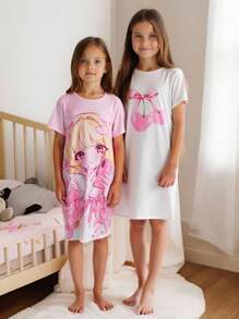 Bộ đồ ngủ dài tay cổ tròn in hình bướm và quả anh đào hoạt hình dành cho bé gái, phù hợp cho mùa thu/hè - Hồng - Xem 1