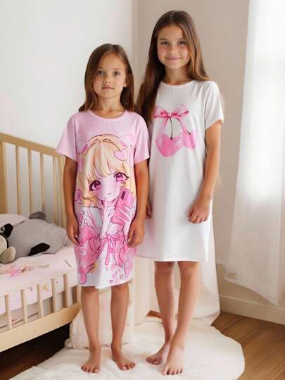 Conjunto de pijama de niña con manga corta, cuello redondo, minimalista casual y estampado de mariposa y cereza, adecuado para otoño/verano