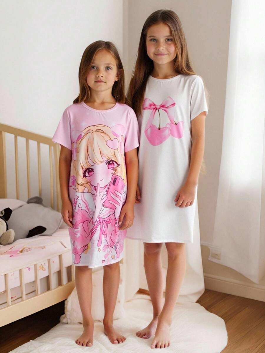 Bộ đồ ngủ dài tay cổ tròn in hình bướm và quả anh đào hoạt hình dành cho bé gái, phù hợp cho mùa thu/hè - Hồng - Xem 1