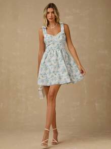 Enchnt Vestido mini de princesa romántico con estampado de flores jacquard en azul pastel, cuello de corazón y lazo en los hombros, dulce y elegante para vacaciones, citas, fiestas, graduación, invitada de boda y playa. Vestidos de verano elegantes para mujeres. - Multicolor - Ver 3