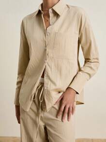 INAWLY 2pcs Women Casual Shirt & Pants Set, Suitable For Commuting And Leisure Wear In Early Autumn - Khaki - View 4