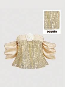 SHEIN MOD Vintage Court 3D 花卉亮片娃娃上衣，闪亮露肩女式上衣，非常适合约会、节日、度假、波西米亚风格、生日、节日穿着和派对 - 卡其色 - 查看 5