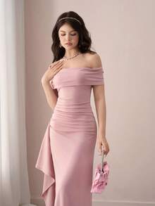 SHEIN Tween Girl Elegant Maxi Dress, Off Shoulder Ruffle Hem Fitted Long Party Dress, Pink Flower Girl Gown Off Shoulder Dress Asymmetrical Dress Christmas Dress - Pink - View 1