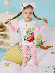 LE PETIT PRINCE X SHEIN Ensemble pyjama avec t-shirt à manches longues décontracté et polyvalent avec motif graphique de personnage de dessin animé de jeune fille et motif rose, et pantalon imprimé d'étoiles