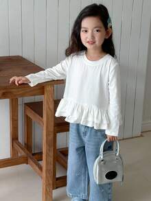 Dazy Kids 年轻女孩圆领长袖休闲荷叶边拼接宽松T恤