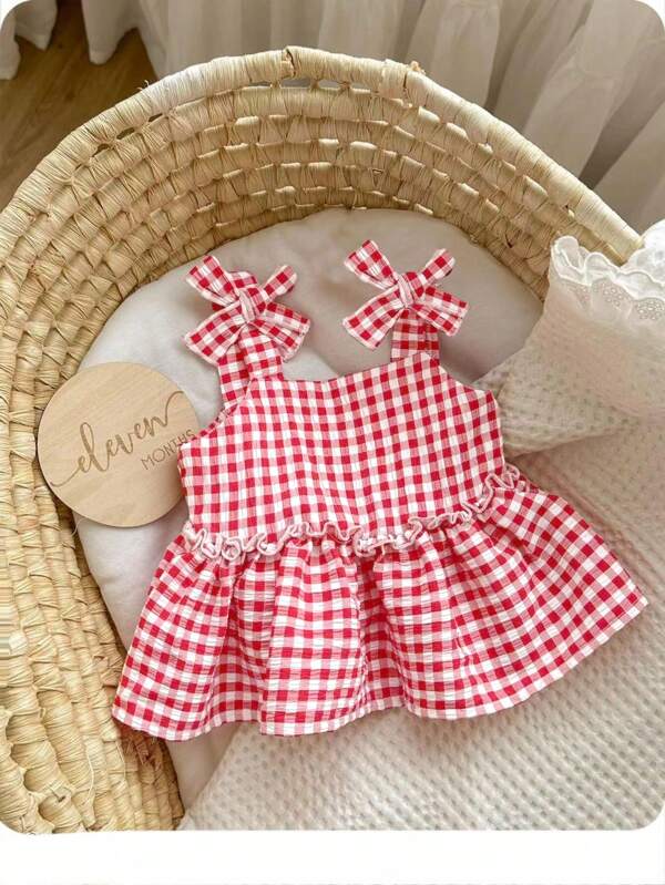 Baby Girl Casual Cute Gingham Pattern Tank Top, For Christmas