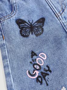 SHEIN Baby Girl Y2K Floral Smiling Face Print Loose Blue Ripped Jeans,Fall Kid's Casual And Comfortable Wear,Back To School Clothes,2000s Style,Y2k Clothes - Light Wash - View 3