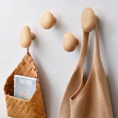 Bộ 4 móc gỗ hình viên sỏi, móc treo quần áo phòng tắm, móc trang trí phòng, móc treo tường, không cần khoan