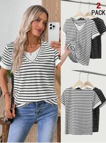 EMERY ROSE Conjunto Casual Feminino Multicolorido de Duas Peças, Camiseta Listrada de Manga Curta 2 em 1, Roupas Femininas de Outono, Roupas de Outono e Inverno para Mulheres, Volta às Aulas, Casual Empresarial, Básico, Saída, Camiseta de Professor - Multicolorido - Visão 1